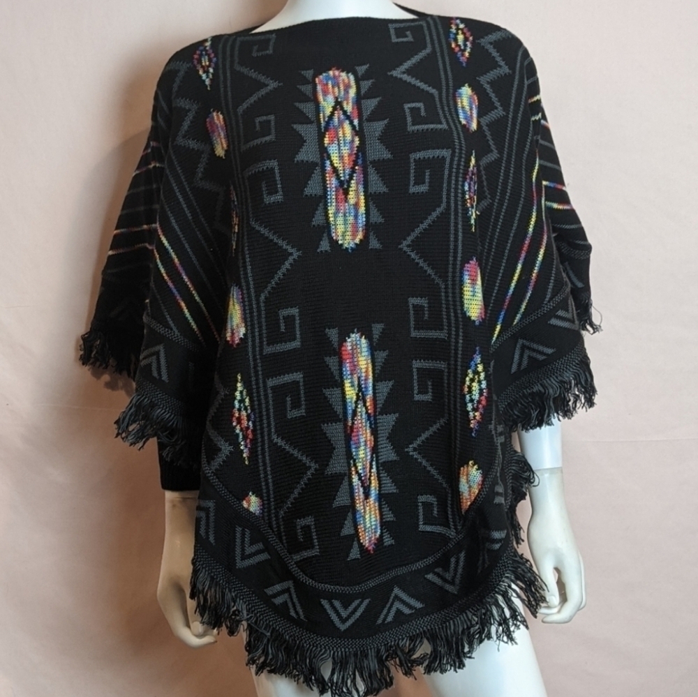 Black Aztec Print Partial Sleeve Poncho Made In Mexico